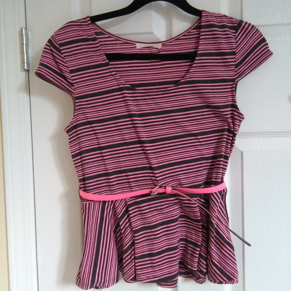 Ardene Dark Grey and Pink Striped Peplum Top w. Be